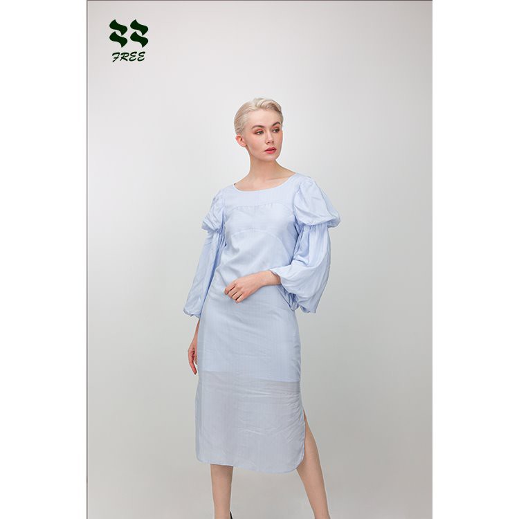 Blue Boat Neck Balloon Long Sleeve Dress
