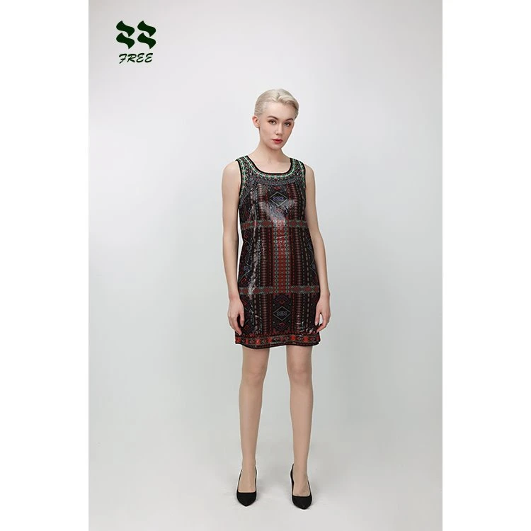 Printed Sequin Net Sleeveless Picot Dress