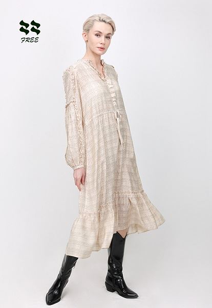 Ruffled Check Print Long Sleeve Midi Dress Supplier